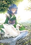  3000_xiao_chun absurdres bird blue_hair breasts closed_eyes drill_hair eyebrows_visible_through_hair head_fins highres large_breasts long_sleeves mermaid monster_girl short_hair sitting solo swan touhou wakasagihime water 
