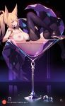  1girl ahri animal_ears areolae ass black_legwear blonde_hair bracelet breasts cleavage cocktail_glass crystal cup drinking_glass earrings fox_ears high_heels jewelry k/da_(league_of_legends) k/da_ahri large_breasts league_of_legends long_hair lying microphone nail_polish nanoless navel nipples nude on_back parted_lips ponytail purple_nails smile solo thighhighs yellow_eyes 