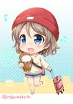  :d bag beamed_eighth_notes beanie beige_sweater blue_eyes blush chibi commentary_request denim denim_shorts eighth_note english grey_hair hat long_sleeves love_live! love_live!_sunshine!! musical_note open_mouth polka_dot polka_dot_background red_hat rolling_suitcase sakurai_makoto_(custom_size) short_hair shorts shoulder_bag smile solo standing standing_on_one_leg stuffed_toy twitter_username uchicchii watanabe_you 