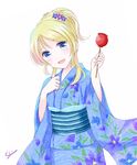  :d ayase_eli bad_id bad_pixiv_id blonde_hair blue_eyes blue_kimono blush candy_apple eyebrows_visible_through_hair floral_print flower food hair_flower hair_ornament hand_on_own_chest head_tilt holding holding_food japanese_clothes kimono long_hair looking_at_viewer love_live! love_live!_school_idol_project obi open_mouth ponytail sash shino_(shinderera) sidelocks signature simple_background smile solo white_background wide_sleeves yukata 