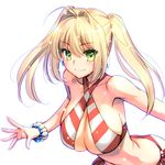  bare_shoulders bikini blonde_hair bracelet breasts cleavage criss-cross_halter earrings fate/grand_order fate_(series) green_eyes hair_intakes halterneck jewelry large_breasts long_hair magaki_ryouta nero_claudius_(fate)_(all) nero_claudius_(swimsuit_caster)_(fate) red_bikini simple_background solo striped striped_bikini swimsuit twintails white_background 