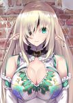  bangs blonde_hair breasts brick_wall center_opening cleavage cleavage_cutout closed_mouth collar detached_sleeves dress elf eyebrows_visible_through_hair eyepatch frills green_eyes hair_over_one_eye large_breasts light_smile long_hair looking_at_viewer noto_kurumi original pointy_ears sidelocks smile solo upper_body white_dress 
