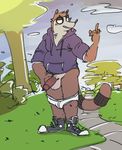  anthro balls briefs cartoon_network clothing erection flat_colors front_view hi_res hoodie humanoid_penis looking_away male mammal middle_finger penis public raccoon regular_show rigby_(regular_show) sketch skoogers sneakers solo tongue tongue_out underwear underwear_down 