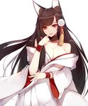  absurdres akagi_(azur_lane) animal_ears azur_lane ban_bu_bu_duou bangs blunt_bangs blush breasts brown_hair cleavage commentary_request eyebrows_visible_through_hair fox_ears hair_ornament hand_up highres japanese_clothes large_breasts long_hair looking_at_viewer parted_lips red_eyes simple_background smile solo very_long_hair white_background wide_sleeves 