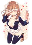  ;p adjusting_eyewear bangs bent_over black_legwear blunt_bangs blush breasts brown_eyes brown_hair cellphone center_opening cleavage collarbone from_above full_body girls_und_panzer glasses heart kneeling large_breasts loafers military military_uniform nail_polish no_bra one_eye_closed ooarai_military_uniform open_clothes open_shirt phone plunging_neckline red-framed_eyewear school_uniform self_shot semi-rimless_eyewear shirt shoes skindentation skirt solo subachi takebe_saori thighhighs thighs tongue tongue_out under-rim_eyewear uniform white_skirt 