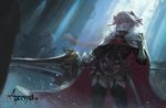  :d astolfo_(fate) black_bow bow cape fang fate/apocrypha fate_(series) forest fur_trim garter_straps gauntlets gorget hair_bow kang_kang_zi long_hair miniskirt multiple_boys nature open_mouth pauldrons pink_eyes pink_hair siegfried_(fate) silver_hair skirt smile sword thighhighs tree weapon 