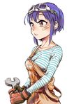  absurdres bandaid bandaid_on_face breasts collarbone ear_piercing earrings gloves goggles goggles_on_head highres jewelry medium_breasts nakahara_kaihei original overalls piercing pouty_lips purple_hair shirt short_hair_with_long_locks solo striped striped_shirt upper_body wrench 