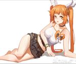  artist_name bare_legs bare_shoulders bracelet breasts camisole choker collarbone crop_top eyeliner frilled_skirt frills hair_ornament jewelry large_breasts letterboxed long_hair looking_at_viewer lying makeup midriff navel open_mouth orange_hair sangai_senki seinen shirt simple_background skirt solo sun_wukong_(sangai_senki) taut_clothes taut_shirt twintails watermark web_address weibo_logo weibo_username white_background yellow_eyes 