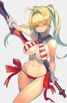  ahoge bikini blonde_hair breasts closed_mouth cowboy_shot criss-cross_halter fate/grand_order fate_(series) green_eyes grey_background hair_intakes halterneck highres lack large_breasts lips long_hair looking_at_viewer navel nero_claudius_(fate)_(all) nero_claudius_(swimsuit_caster)_(fate) side-tie_bikini simple_background smirk solo striped striped_bikini sweat swimsuit sword twintails weapon 