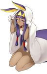  :&lt; animal_ears bangs blunt_bangs dark_skin earrings fate/grand_order fate_(series) highres jackal_ears jewelry kei_(soundcross) long_hair necklace nitocris_(fate/grand_order) nitocris_(swimsuit_assassin)_(fate) one-piece_swimsuit purple_eyes purple_hair seiza simple_background sitting solo swimsuit very_long_hair white_background 