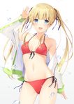  6u_(eternal_land) :d arm_up bangs bikini blue_ribbon blunt_bangs blush breasts collarbone commentary_request contrapposto cowboy_shot fang hair_ribbon hips jacket long_hair looking_at_viewer navel open_clothes open_jacket open_mouth red_bikini ribbon saenai_heroine_no_sodatekata sawamura_spencer_eriri simple_background small_breasts smile solo standing swimsuit thighs twintails water_drop white_background 