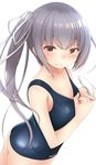  ass bare_arms brown_eyes closed_mouth cowboy_shot doyachii highres kantai_collection kasumi_(kantai_collection) long_hair looking_at_viewer one-piece_swimsuit school_swimsuit shower_head side_ponytail silver_hair simple_background solo swimsuit white_background 