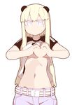  belt blonde_hair blue_eyes breasts heart heart-shaped_boob_challenge heart_hands hen_zemi highres long_hair looking_at_viewer makiko_gregory medium_breasts navel nns_(sobchan) shirt_lift simple_background solo white_background 