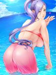  aratama_(a-tama) ass bikini blue_eyes breasts day dragon_quest dragon_quest_xi heart high_ponytail large_breasts leaning_forward long_hair looking_back martina_(dq11) nipples outdoors parted_lips pink_bikini pink_swimsuit ponytail purple_hair revealing_swimsuit_(dq) sky solo sun swimsuit thighs very_long_hair wading 