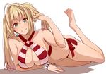  bare_shoulders barefoot bikini blonde_hair blush bracelet breasts closed_mouth criss-cross_halter earrings fate/grand_order fate_(series) green_eyes halterneck highres jewelry large_breasts long_hair looking_at_viewer lying navel nero_claudius_(fate)_(all) nero_claudius_(swimsuit_caster)_(fate) smile solo striped striped_bikini swimsuit tokiwa_midori_(kyokutou_funamushi) twintails white_background 