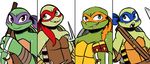  2017 anthro bandanna blue_eyes bo_staff clothed clothing donatello_(tmnt) elbow_pads freckles green_eyes group hand_wraps holding_object holding_weapon inkyfrog leonardo_(tmnt) looking_at_viewer male mask melee_weapon michelangelo_(tmnt) nunchaku raphael_(tmnt) red_eyes reptile sai scabbard scalie shell simple_background smile sword teenage_mutant_ninja_turtles tooth_gap turtle weapon white_background wraps wrist_wraps 