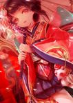  bell brown_hair commentary_request dutch_angle fish_hair_ornament floral_print hair_ornament highres japanese_clothes jingle_bell kagura_(onmyoji) kimono looking_at_viewer metoo610 onmyoji parasol red_eyes short_hair solo standing umbrella wide_sleeves yukata 