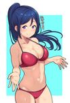 alp bikini blue_hair blush breasts cleavage closed_mouth collarbone commentary cowboy_shot jpeg_artifacts large_breasts legs_together long_hair looking_at_viewer love_live! love_live!_sunshine!! matsuura_kanan navel ponytail purple_eyes red_bikini shiny shiny_clothes shiny_hair shiny_skin smile solo standing sweat swimsuit translated 