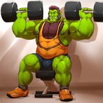  2017 abs armpit_hair biceps big_muscles body_hair bulge chest_hair clothed clothing digital_media_(artwork) dumbbell exercise facial_hair footwear grisser hair humanoid male mammal muscular muscular_male nipples not_furry orc pecs simple_background smile solo weightlifting weights workout 