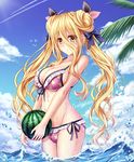  bare_arms bare_shoulders bikini bird black_bow black_ribbon blonde_hair blue_sky blush bow breasts cleavage cloud commentary_request cowboy_shot date_a_live day food from_side fruit groin hair_between_eyes hair_bow hair_ribbon highres hoshimiya_mukuro large_breasts long_hair looking_at_viewer looking_to_the_side navel ocean outdoors pink_ribbon print_bikini ribbon seagull sky solo standing star star_print stomach swimsuit tsubasaki twintails very_long_hair wading watermelon wavy_hair yellow_eyes 