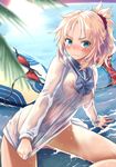  aqua_eyes arm_support bangs beach bikini bikini_removed blonde_hair blush braid breasts closed_mouth commentary_request day dress dress_tug fate/grand_order fate_(series) frown highres long_hair long_sleeves looking_at_viewer medium_breasts mordred_(fate)_(all) mordred_(swimsuit_rider)_(fate) mozu_(peth) nipples ocean outdoors palm_tree ponytail prydwen red_bikini sailor_dress see-through sitting solo surfboard swimsuit tree water wet wet_clothes white_dress 