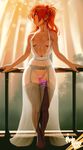  2017 absurdres against_railing areolae belt black_legwear blue_eyes blush breasts breasts_apart closed_mouth covered_nipples dress english exhibitionism garter_belt hairpods highres lace lace-trimmed_thighhighs long_hair looking_away medium_breasts neon_genesis_evangelion nipple_bar nipple_piercing nipples nitrotitan no_panties no_shoes object_insertion orange_hair piercing ponytail pussy pussy_juice pussy_juice_trail railing see-through sex_toy skindentation solo souryuu_asuka_langley standing sweatdrop thighhighs toned tsundere vaginal vaginal_object_insertion vibrator vibrator_in_thighhighs vibrator_under_clothes white_dress 