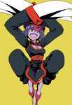  balancing breasts chinese_clothes claws cleavage cleavage_cutout fangs hat highres jiangshi lei_lei medium_breasts nakahara_kaihei ofuda open_mouth purple_hair purple_skin red_eyes short_hair smile solo vampire_(game) 