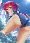  ass blue_sky cloud day from_behind hair_ribbon highres i-168_(kantai_collection) kantai_collection long_hair looking_at_viewer looking_back ocean one-piece_swimsuit ponytail red_eyes red_hair ribbon school_swimsuit school_uniform serafuku sky solo sun swimsuit unomi wading water wet wet_clothes wet_swimsuit 