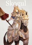  armor blonde_hair breastplate crown fingerless_gloves fire_emblem fire_emblem_echoes:_mou_hitori_no_eiyuuou gloves greaves grin gzei holding holding_weapon horse knight lance long_hair looking_at_viewer matilda_(fire_emblem) pauldrons polearm riding simple_background smile solo weapon 