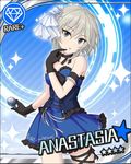  anastasia_(idolmaster) artist_request bangs bare_shoulders blue_background blue_dress blue_eyes card_(medium) character_name choker collarbone diamond_(symbol) dress eyelashes frills gloves hair_between_eyes hair_ornament idolmaster idolmaster_cinderella_girls looking_at_viewer microphone official_art parted_lips ribbon short_hair silver_hair sleeveless sleeveless_dress solo strapless strapless_dress 