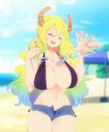  beach bikini bikini_under_clothes black_bikini blonde_hair blue_hair blue_shorts blurry blurry_background breasts collarbone cowboy_shot day dragon_horns gradient_hair green_hair hair_between_eyes hair_twirling highres horns huge_breasts kobayashi-san_chi_no_maidragon long_hair multicolored_hair navel open_clothes open_mouth open_shorts outdoors quetzalcoatl_(maidragon) short_shorts shorts sky smile solo sticky_(stickysheep) swimsuit umbrella very_long_hair waving wavy_hair 