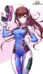  &gt;:) acronym ahoge akamu animal_print artist_name bangs blue_bodysuit bodysuit breasts brown_eyes brown_hair bubble_blowing bunny_print charm_(object) clothes_writing copyright_name covered_navel cowboy_shot d.va_(overwatch) diagonal-striped_background diagonal_stripes eyebrows_visible_through_hair facepaint facial_mark finger_on_trigger gloves gradient gradient_background gun handgun headphones high_collar highres holding holding_gun holding_weapon long_hair looking_at_viewer medium_breasts overwatch pilot_suit pink_background pink_lips pistol ribbed_bodysuit shoulder_pads signature skin_tight smile solo striped striped_background swept_bangs v-shaped_eyebrows weapon whisker_markings white_background white_gloves 