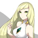  &gt;:( bare_shoulders blonde_hair breasts closed_mouth crystal eyebrows_visible_through_hair frown green_eyes highres kyou_(ningiou) large_breasts long_hair looking_at_viewer lusamine_(pokemon) pokemon pokemon_(game) pokemon_sm sleeveless solo two-tone_background v-shaped_eyebrows 