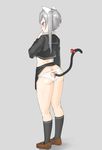  1girl anal animal_ears anus ass black_shirt black_skirt black_socks blush bow brown_shoes butt_crack buttplug buttplug_tail cat_ears cat_tail closers fake_animal_ears fake_tail from_behind full_body grey_background grey_hair half-closed_eyes hand_to_own_mouth hand_up heart_cutout highres kneehighs long_sleeves moebell panties partially_visible_vulva ponytail red_bow red_eyes school_uniform serafuku shirt shoes side_ponytail simple_background skirt skirt_lift socks solo standing tail tied_hair tina_(closers) uniform white_panties 