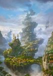  castle city cityscape cloud defensive_wall highres k-takano land_bridge landscape no_humans original scenery sky tower tree wall water waterfall 