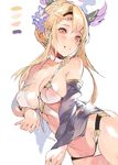  bikini blonde_hair blush breasts cleavage detached_sleeves flower granblue_fantasy grin hair_flower hair_ornament highres large_breasts long_hair looking_at_viewer magaeshi orange_eyes simple_background smile solo song_(granblue_fantasy) swimsuit white_background white_bikini 