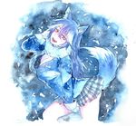  animal_ears asano_(asamusuko) black_hair blue_eyes blush breasts fur_collar gloves grey_wolf_(kemono_friends) heterochromia kemono_friends large_breasts long_hair long_sleeves looking_at_viewer multicolored_hair open_mouth skirt solo tail two-tone_hair wolf_ears wolf_tail yellow_eyes 