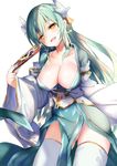  absurdres amamitsu_kousuke bangs breasts cleavage cowboy_shot eyebrows_visible_through_hair fan fate/grand_order fate_(series) folding_fan green_hair green_kimono hair_between_eyes half-closed_eyes highres holding holding_fan horns japanese_clothes kimono kiyohime_(fate/grand_order) large_breasts long_hair looking_at_viewer open_mouth pelvic_curtain simple_background smile solo thighhighs thighs white_background white_legwear yellow_eyes 