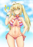  absurdres ass_visible_through_thighs bangs bikini blonde_hair bracelet breasts cleavage closed_mouth cowboy_shot criss-cross_halter earrings fate/grand_order fate_(series) green_eyes hair_between_eyes hair_intakes halterneck hand_on_hip highres jewelry kirino_kyousuke large_breasts long_hair looking_at_viewer navel nero_claudius_(fate)_(all) nero_claudius_(swimsuit_caster)_(fate) red_bikini side-tie_bikini sidelocks smile solo sparkle striped striped_bikini swimsuit thighs twintails twitter_username 