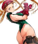  ass back beret blonde_hair blue_eyes braid breasts cammy_white fingerless_gloves from_behind gloves hat highres large_breasts leotard long_hair looking_at_viewer nishiide_kengorou simple_background solo street_fighter very_long_hair white_background 