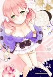  amiko_(frostedchocolate) atelier_(series) atelier_escha_&amp;_logy bare_shoulders barefoot black_skirt blush bow bracelet braid breasts cleavage closed_mouth collarbone copyright_name cover cover_page doujin_cover envelope escha_malier flower frills gift green_eyes hair_bow jewelry large_breasts layered_skirt looking_at_viewer necklace pink_hair purple_sweater rating short_hair short_twintails sitting skirt smile solo sweater thighlet twintails white_bow white_skirt 