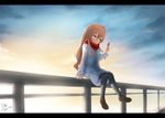  aisaka_taiga black_legwear brown_hair cellphone crying crying_with_eyes_open dated eyebrows_visible_through_hair highres holding holding_cellphone holding_phone long_hair looking_away pantyhose phone railing red_scarf scarf signature sitting solo tears toradora! yioshu 