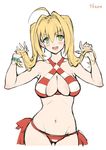  :d ahoge bangs bikini blonde_hair blush bow bracelet breasts character_name cleavage collarbone commentary_request criss-cross_halter earrings fate/extra fate/grand_order fate_(series) green_eyes hair_intakes halterneck hands_up haoni hips holding holding_hair jewelry large_breasts long_hair looking_at_viewer navel nero_claudius_(fate)_(all) nero_claudius_(swimsuit_caster)_(fate) open_mouth red_bikini red_bow side-tie_bottom simple_background smile striped striped_bikini swimsuit teeth twintails v-shaped_eyebrows white_background 