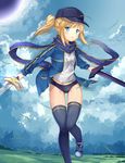  :o absurdres ahoge artoria_pendragon_(all) ass_visible_through_thighs bangs baseball_cap black_buruma black_hat black_legwear blonde_hair blue_footwear blue_jacket blue_scarf blush buruma clothes_writing cloud cloudy_sky day dual_wielding eyebrows_visible_through_hair fate_(series) glint grass gym_uniform hat highres himitsucalibur holding holding_sword holding_weapon jacket laces leg_up light_blue_eyes long_hair long_sleeves looking_at_viewer motion_blur mysterious_heroine_x open_clothes open_jacket outdoors pocket ponytail rojiura_satsuki:_chapter_heroine_sanctuary scarf shirt shoes sidelocks sky sneakers solo standing standing_on_one_leg sword t-shirt taro_(ultrataro) thighhighs track_jacket weapon white_shirt wind 