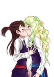  2girls arms_at_sides belt black_necktie blonde_hair blue_eyes blue_vest blush breast_grab brown_hair collared_shirt couple diana_cavendish eyes_closed female friends green_hair hand_on_another&#039;s_face kagari_atsuko kiss little_witch_academia long_hair long_sleeves looking_at_another multicolored multicolored_hair multiple_girls necktie one_side_up school_uniform shirt simple_background standing surprised two-tone_hair vest white_background white_shirt witch yuri 