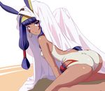  animal_ears ass back breasts dark_skin earrings fate/grand_order fate_(series) from_side hairband jackal_ears jewelry kneeling long_hair looking_at_viewer medium_breasts nitocris_(fate/grand_order) nitocris_(swimsuit_assassin)_(fate) one-piece_swimsuit solo swimsuit tsukumo very_long_hair 