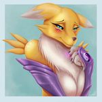 2017 anthro armwear black_sclera blue_eyes breasts bust_portrait canine chest_tuft claws cleavage clothed clothing digimon elbow_gloves eyebrows eyelashes female fox fur gloves hi_res looking_at_viewer mammal pendant portrait renamon simple_background smile solo theretto tuft viera_ashe white_fur yellow_fur 