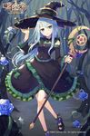  adjusting_clothes adjusting_hat age_of_ishtaria black_hat blue_flower blue_rose blush breasts eyebrows_visible_through_hair flower green_eyes hat highres holding holding_staff large_breasts long_hair looking_at_viewer parted_lips rose shoonia silver_hair solo staff thorns witch_hat 