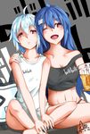  absurdres aka_(hwdllht) alcohol arm_around_shoulder bili_girl_22 bili_girl_33 bilibili_douga blue_hair blush breasts cleavage closed_mouth collarbone copyright_name crossed_legs cup drinking_glass drunk eyebrows_visible_through_hair flat_chest heart heart-shaped_pupils highres holding holding_cup large_breasts long_hair looking_at_viewer multiple_girls navel one_eye_closed open_mouth red_eyes short_hair short_ponytail side_ponytail sitting smile symbol-shaped_pupils 