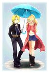  1girl ahoge ankle_boots bangs belt black_footwear black_jacket black_pants black_shirt blonde_hair blue_background blue_skirt blue_umbrella blush boots border borrowed_garments braid closed_eyes coat covered_mouth covering_mouth edward_elric eyebrows_visible_through_hair flying_sweatdrops frame frown full_body fullmetal_alchemist gloves hand_in_pocket hand_over_own_mouth hands_on_own_face high_ponytail holding holding_umbrella jacket long_hair long_sleeves looking_at_another miniskirt o-ring open_mouth own_hands_together pants pavement pocket_watch ponytail rain red_coat running_bond shadow shared_umbrella shirt sidelocks simple_background single_braid skirt sneezing socks standing sweatdrop tsukuda0310 umbrella w_arms walking watch white_legwear white_shirt winry_rockbell yellow_eyes 